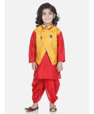 Yellow Attached Jacket Jacquard Dhoti Kurta 1