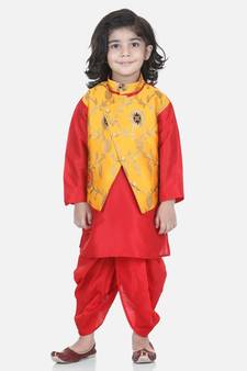 Yellow Attached Jacket Jacquard Dhoti Kurta