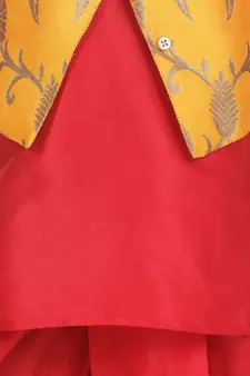 Yellow Attached Jacket Jacquard Dhoti Kurta