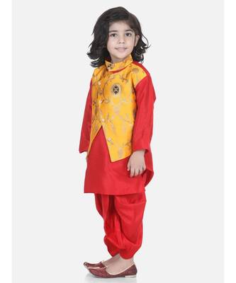 Yellow Attached Jacket Jacquard Dhoti Kurta 3