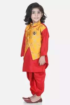 Yellow Attached Jacket Jacquard Dhoti Kurta
