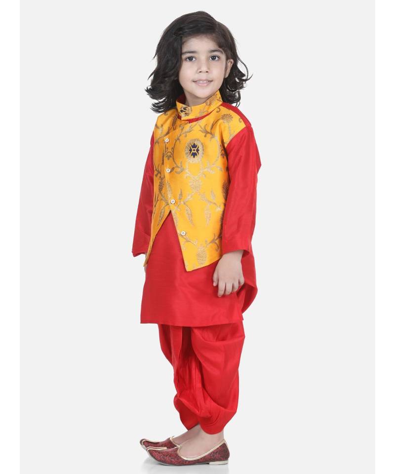Yellow Attached Jacket Jacquard Dhoti Kurta