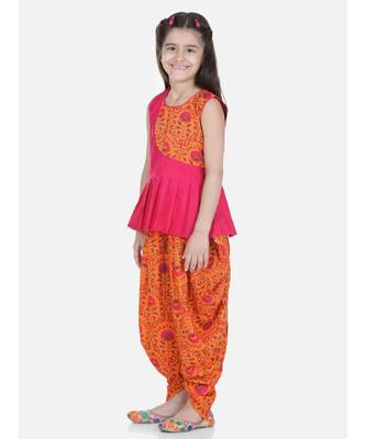 Orange Rayon Patch Top Dhoti for Girls 3