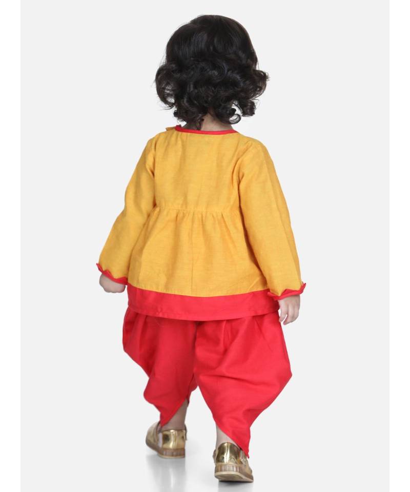 Yellow Mor Embroidery Top Dhoti For Girls