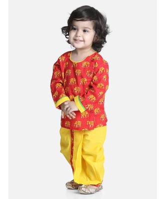 Red Hathi Print Infant Cotton Dhoti kurta 1
