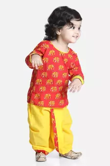 Red Hathi Print Infant Cotton Dhoti kurta