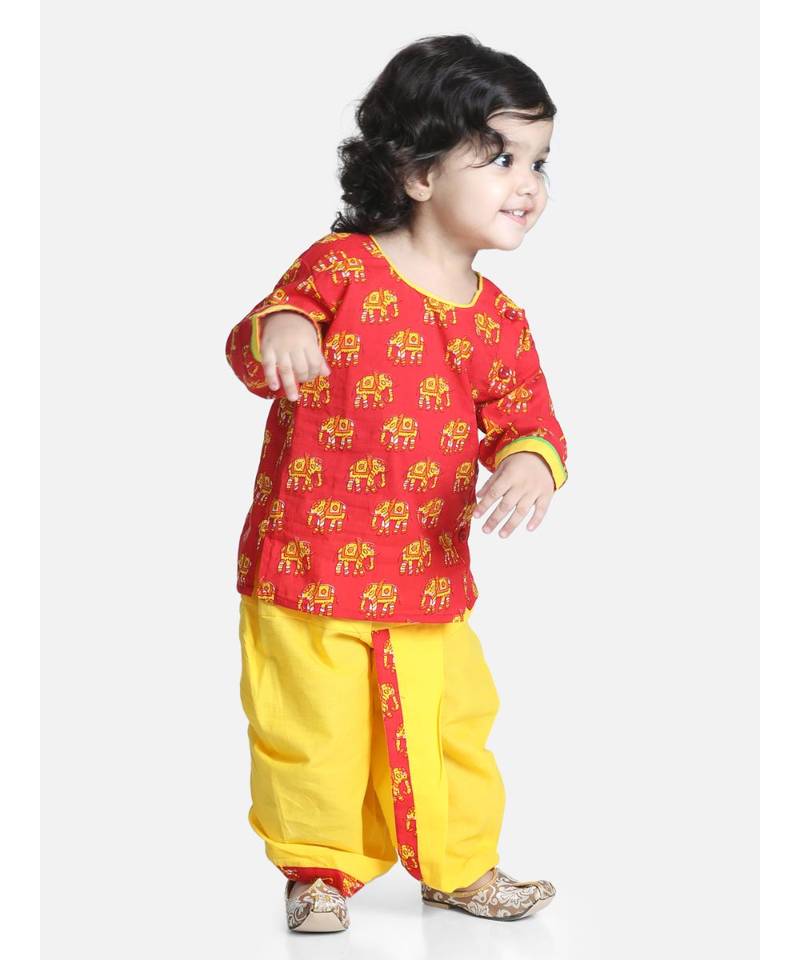 Red Hathi Print Infant Cotton Dhoti kurta