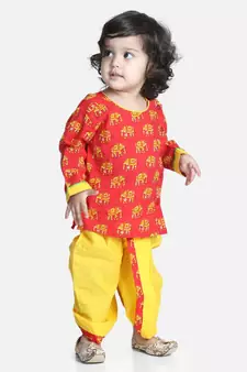 Red Hathi Print Infant Cotton Dhoti kurta