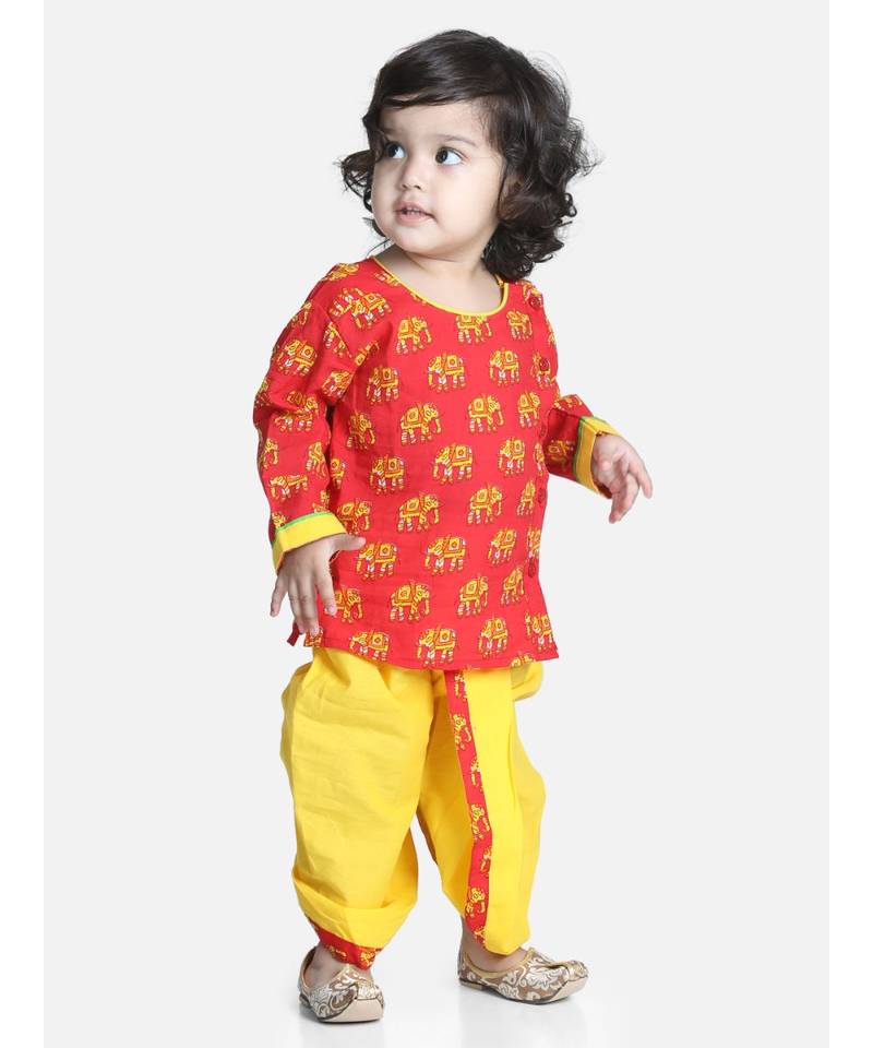 Red Hathi Print Infant Cotton Dhoti kurta
