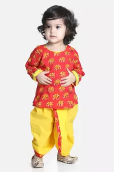 Red Hathi Print Infant Cotton Dhoti kurta