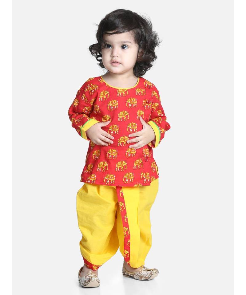 Red Hathi Print Infant Cotton Dhoti kurta