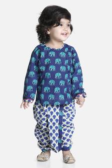 Blue Hathi Print Infant Cotton Dhoti kurta