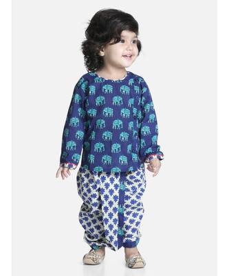 Blue Hathi Print Infant Cotton Dhoti kurta 1