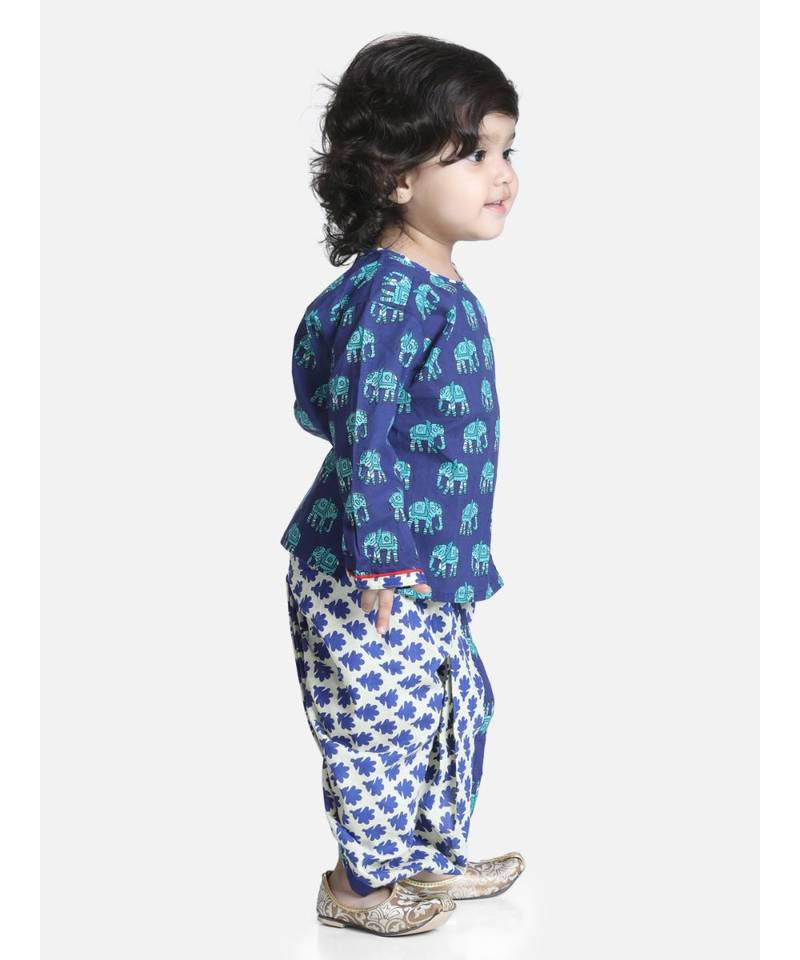 Blue Hathi Print Infant Cotton Dhoti kurta
