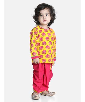 Yellow Hathi Print Infant Cotton Dhoti kurta 1