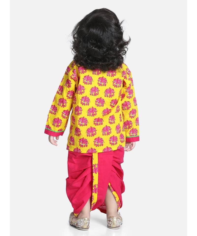 Yellow Hathi Print Infant Cotton Dhoti kurta