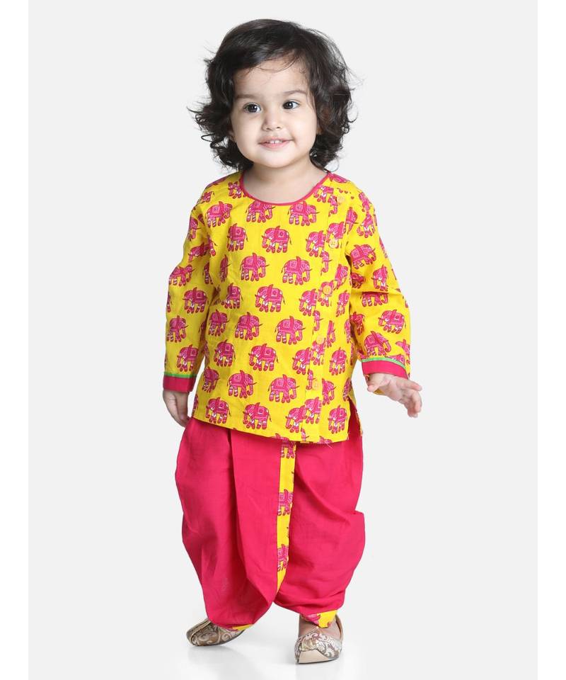 Yellow Hathi Print Infant Cotton Dhoti kurta