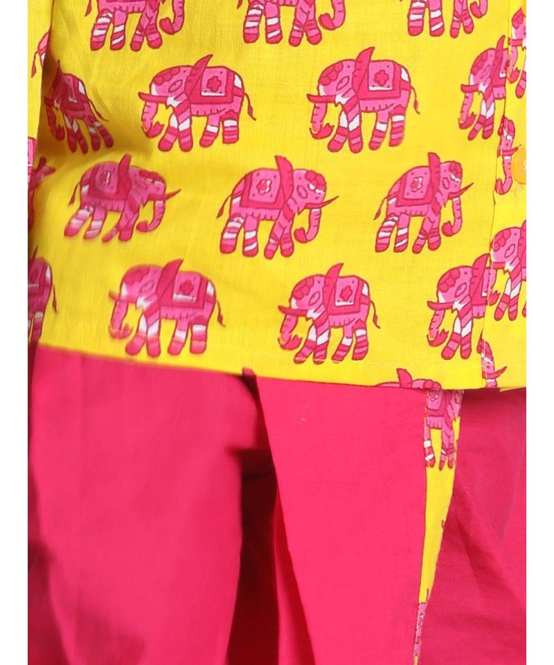 Yellow Hathi Print Infant Cotton Dhoti kurta