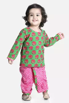 Green Hathi Print Infant Cotton Dhoti kurta