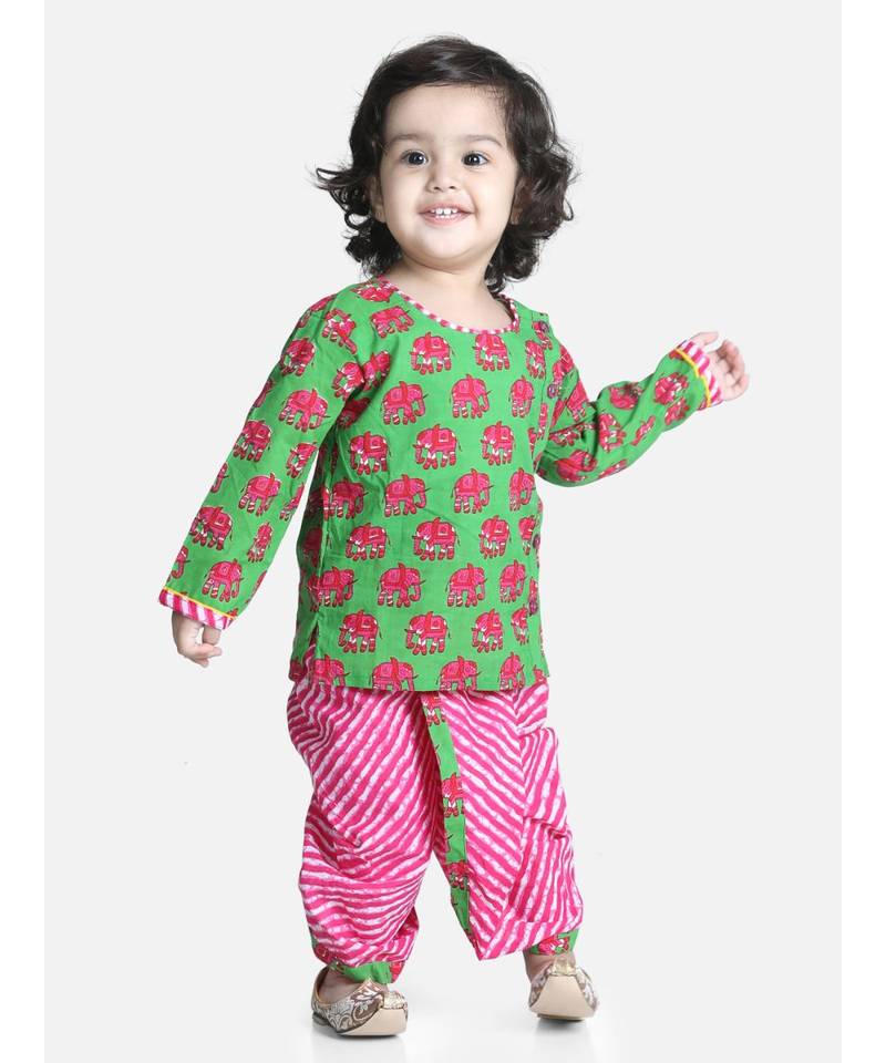 Green Hathi Print Infant Cotton Dhoti kurta