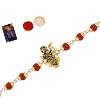 Bracelet Rakhi Rudraksh  Shreenathji   For Bhaiya With Roli Chawal And Greeting Card 3