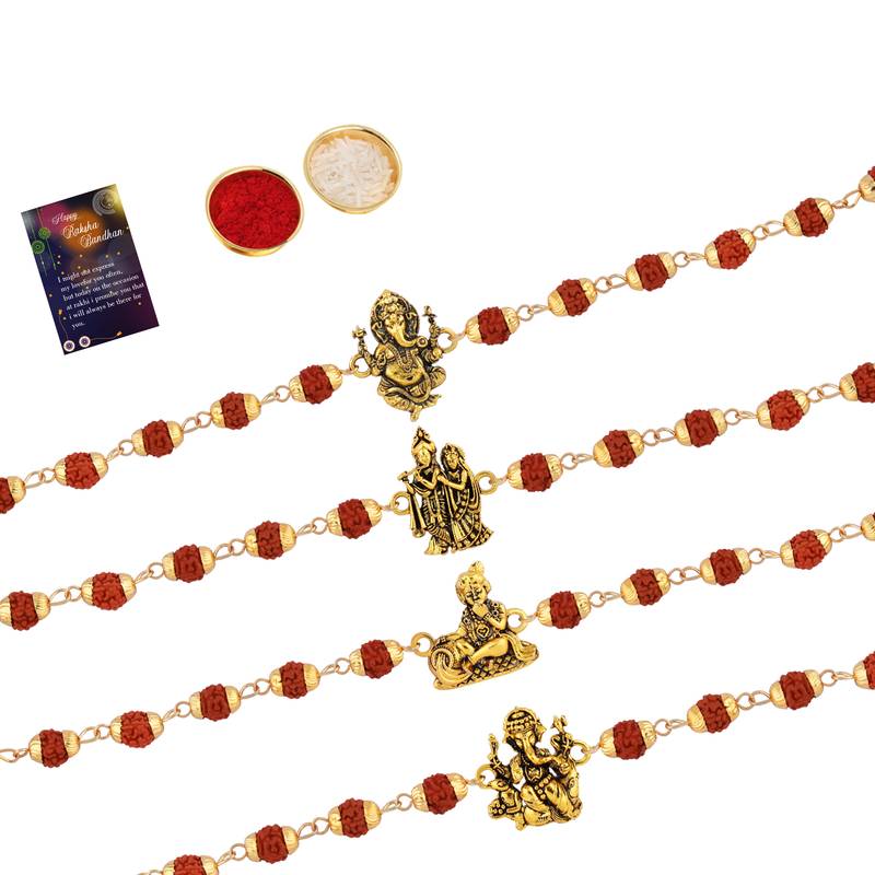 Designer Rudraksh  4 Rakhi Combo Stylish  For Bhai With Roli Chawal And Greeting Card