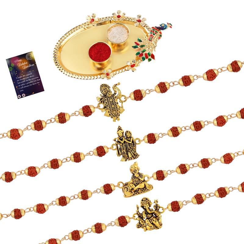 Elegant Rudraksh 4 Rakhi Combo Stylish For Bhai With Roli Chawal Card 1 Pooja Thali