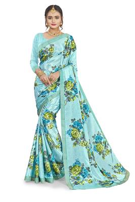 Sky blue printed crepe saree with blouse 1