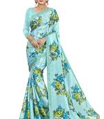 Sky blue printed crepe saree with blouse
