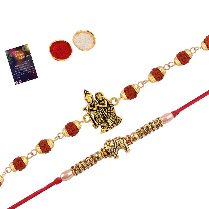 Rakhi Rudraksh  Radha Krishna  With  Stylish Designer Look  Rakhi With Roli Chawal And  Greeting Card