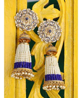 Styylo Fashion Pearl Taselled White and Blue Gold Plated Traditional Earring 1