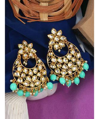 Styylo Fashion Traditional Gold Plated Kundal Studded Pear Sea Green Chandbali Earring 1