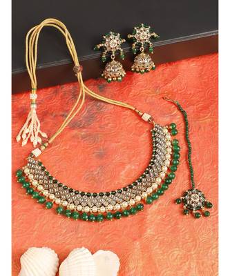 Styylo Fashion Traditional Green Stone and Beads Choker Necklace with Earring and mangtika 1