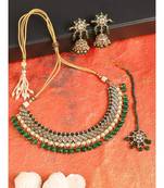 Styylo Fashion Traditional Green Stone and Beads Choker Necklace with Earring and mangtika