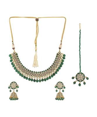 Styylo Fashion Traditional Green Stone and Beads Choker Necklace with Earring and mangtika 2