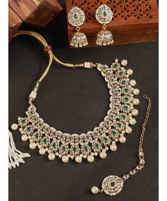 Styylo Fashion Traditional Green Stone and Beads Choker Necklace with Earring and mangtika 1