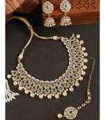 Styylo Fashion Traditional Green Stone and Beads Choker Necklace with Earring and mangtika