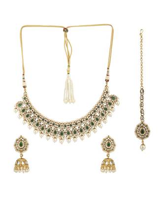 Styylo Fashion Traditional Green Stone and Beads Choker Necklace with Earring and mangtika 2