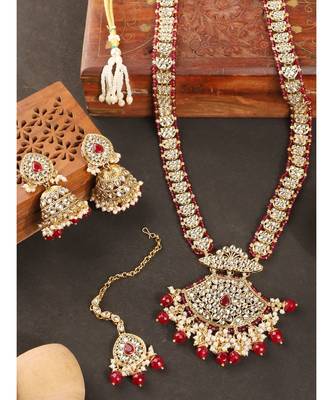 Styylo Fashion Traditional Red Stone and Beads Long Rani Haar Necklace with Earring and mangtika 1