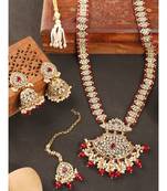 Styylo Fashion Traditional Red Stone and Beads Long Rani Haar Necklace with Earring and mangtika