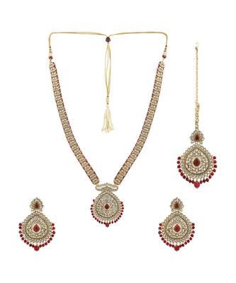 Styylo Fashion Traditional Red Stone and Beads Long Rani Haar Necklace with Earring and mangtika 2