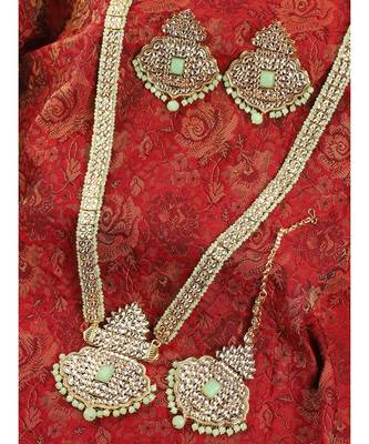 Styylo Fashion Traditional Sea Green Stone and Beads Long Rani Haar Necklace with Earring and mangtika 1
