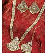 Styylo Fashion Traditional Sea Green Stone and Beads Long Rani Haar Necklace with Earring and mangtika