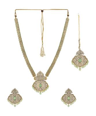 Styylo Fashion Traditional Sea Green Stone and Beads Long Rani Haar Necklace with Earring and mangtika 2