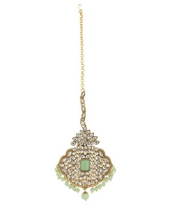 Styylo Fashion Traditional Sea Green Stone and Beads Long Rani Haar Necklace with Earring and mangtika 4