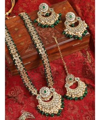 Styylo Fashion Traditional Green Stone and Beads Long Rani Haar Necklace with Earring and mangtika 1