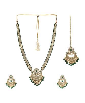 Styylo Fashion Traditional Green Stone and Beads Long Rani Haar Necklace with Earring and mangtika 2