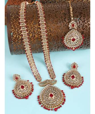 Styylo Fashion Traditional Red Stone and Beads Long Rani Haar Necklace with Earring and mangtika 1