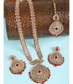 Styylo Fashion Traditional Red Stone and Beads Long Rani Haar Necklace with Earring and mangtika