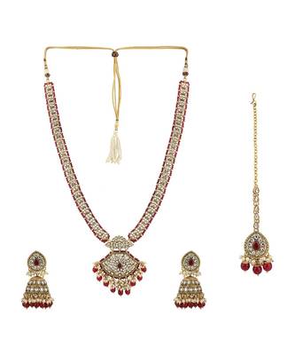 Styylo Fashion Traditional Red Stone and Beads Long Rani Haar Necklace with Earring and mangtika 2
